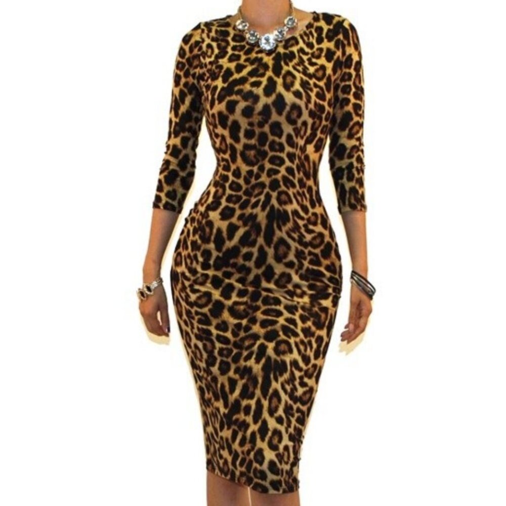 Got Style Cheetah Print 3/4 Sleeve Bodycon Party Cocktail Dress